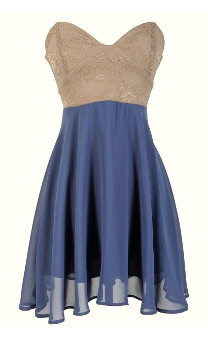 Strapless Floral Lace Bustier Dress in Beige/Indigo